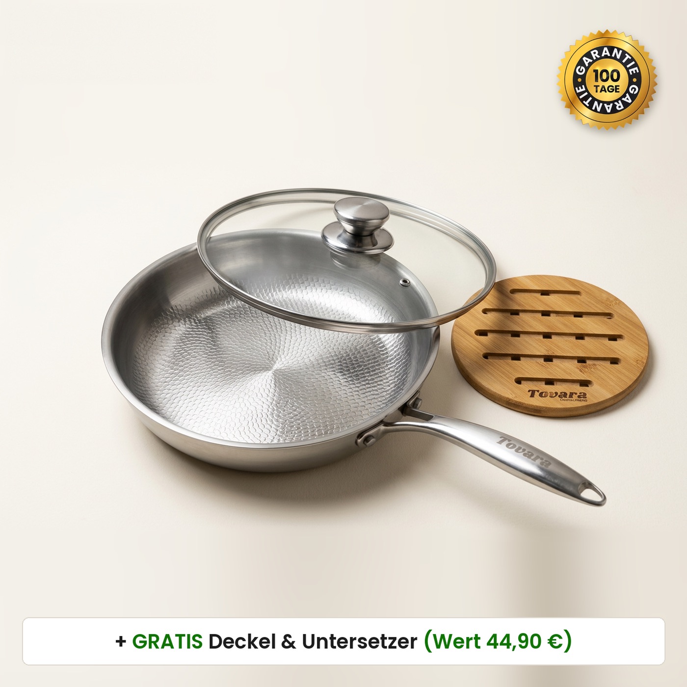 TitaniumPro Pfanne von Tovara mit Glasdeckel und Bambus-Untersetzer