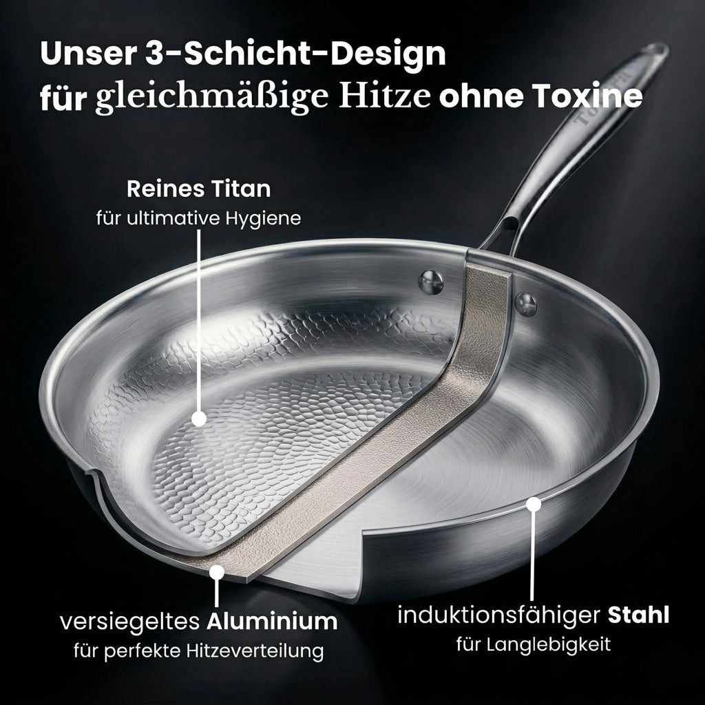 Querschnitt der TitaniumPro Pfanne: Titan, Aluminium, Edelstahl