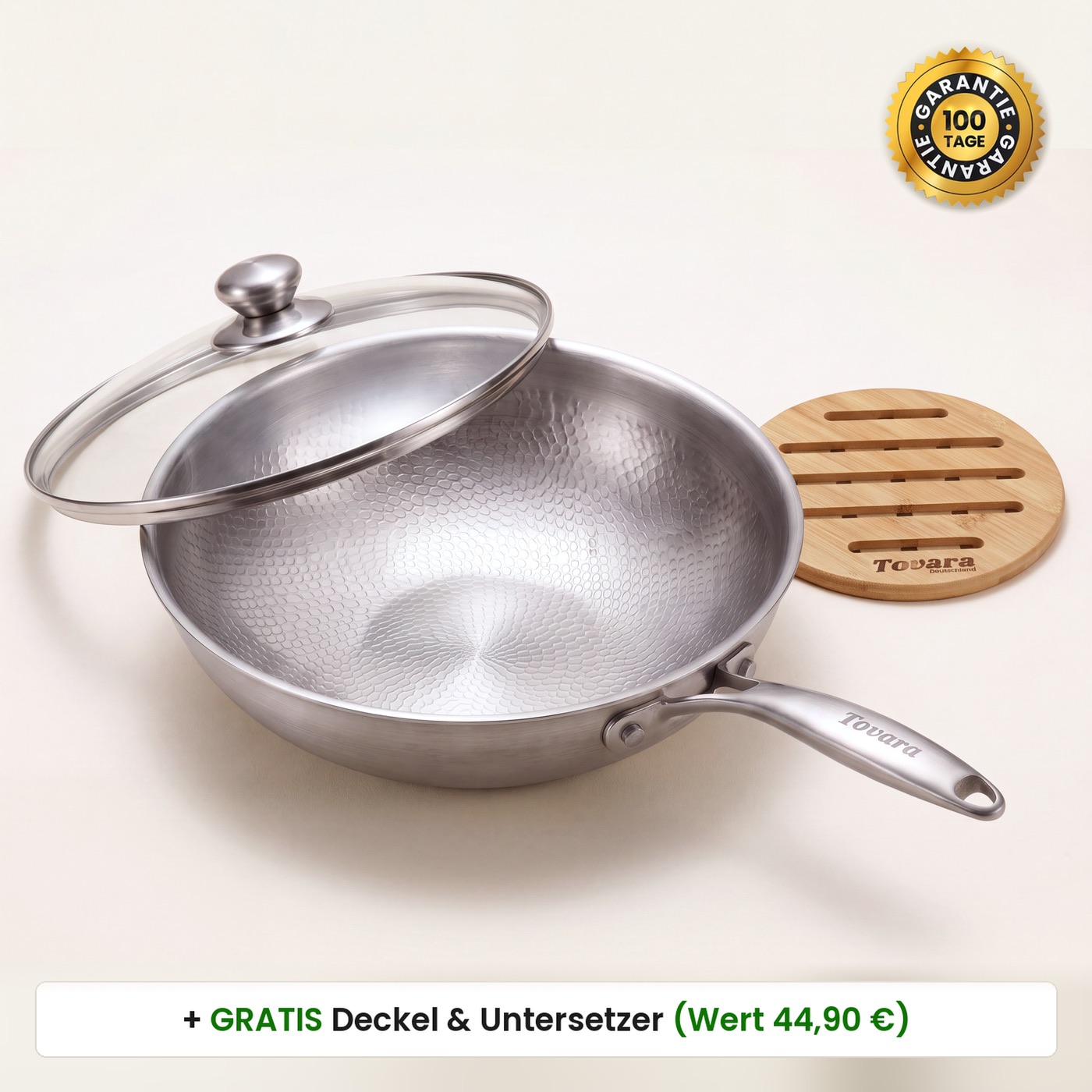 TitaniumPro Wok mit Glasdeckel und Untersetzer